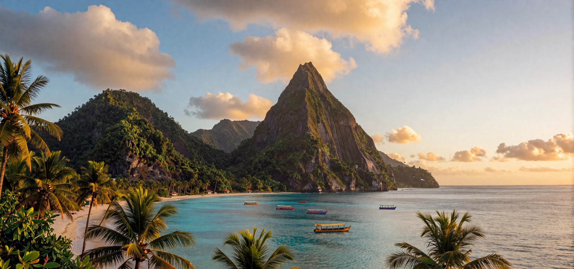 Piton mountains and turquoise Caribbean waters of Saint Lucia at sunset