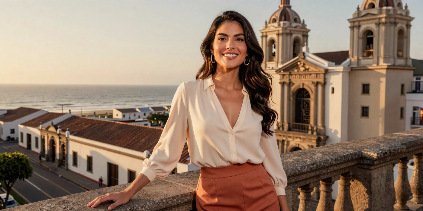 Beautiful Peruvian woman smiling on a balcony overlooking Lima's coast at sunset