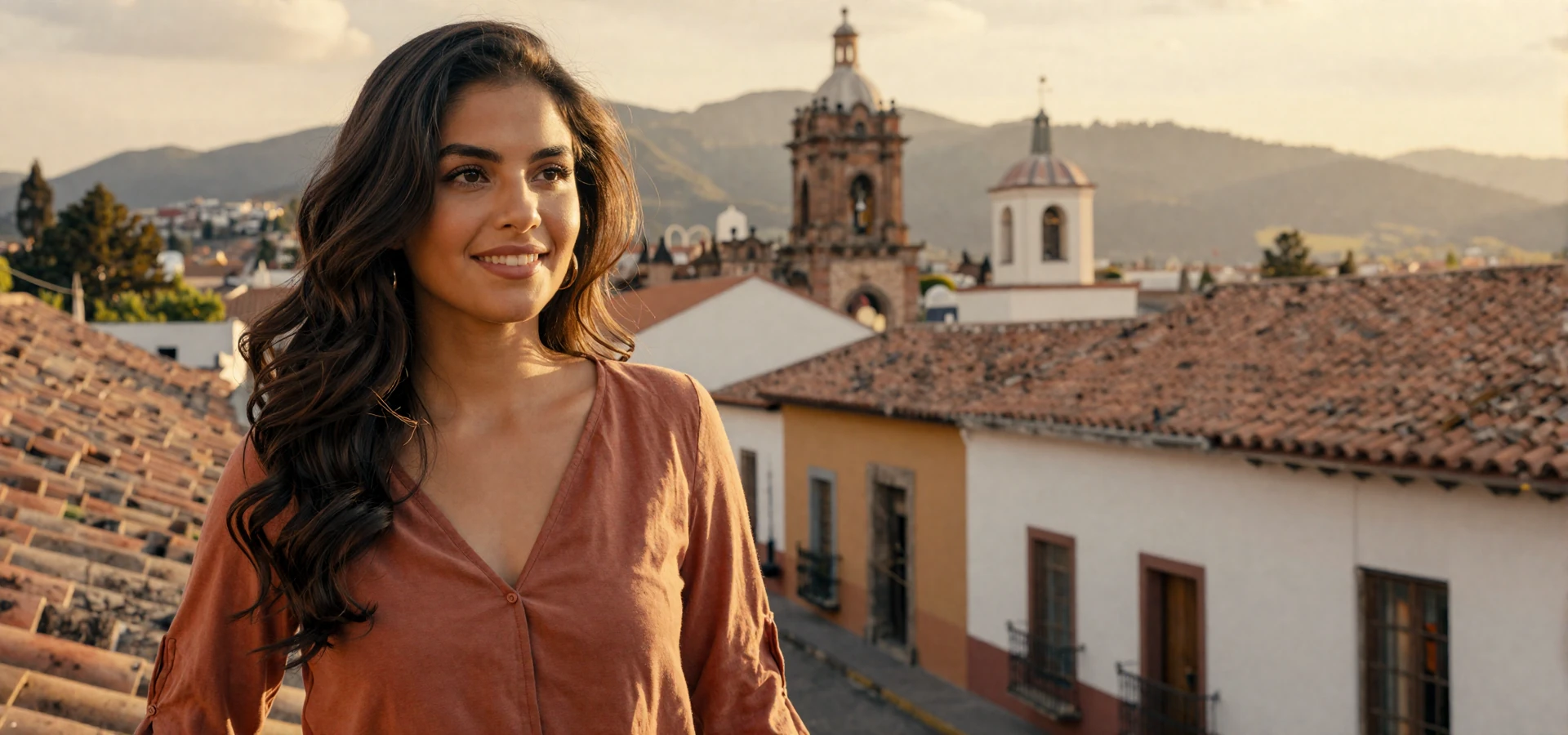 Beautiful Ecuadorian woman smiling on a colonial balcony in Quito with Andes mountains - ecuadorian women dating