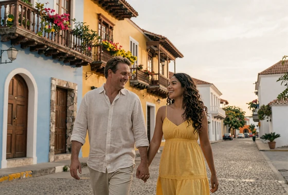 American man and Colombian woman walking together through colorful Cartagena streets - colombian dating culture