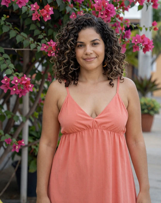 Puerto Rican woman in a coral sundress surrounded by tropical flowers in Old San Juan