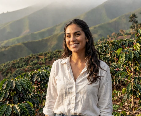 Costa Rican woman standing among coffee plants on a highland plantation with misty mountains behind
