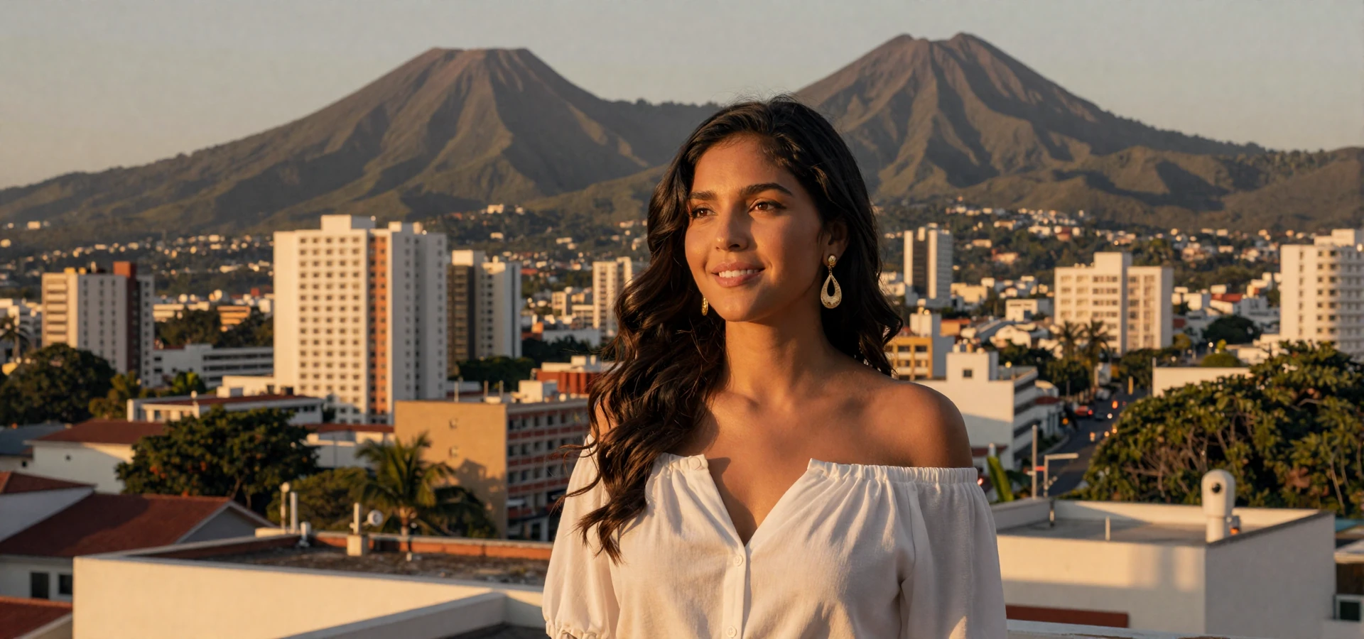 Beautiful Salvadoran woman smiling on a San Salvador rooftop at sunset - salvadoran women dating