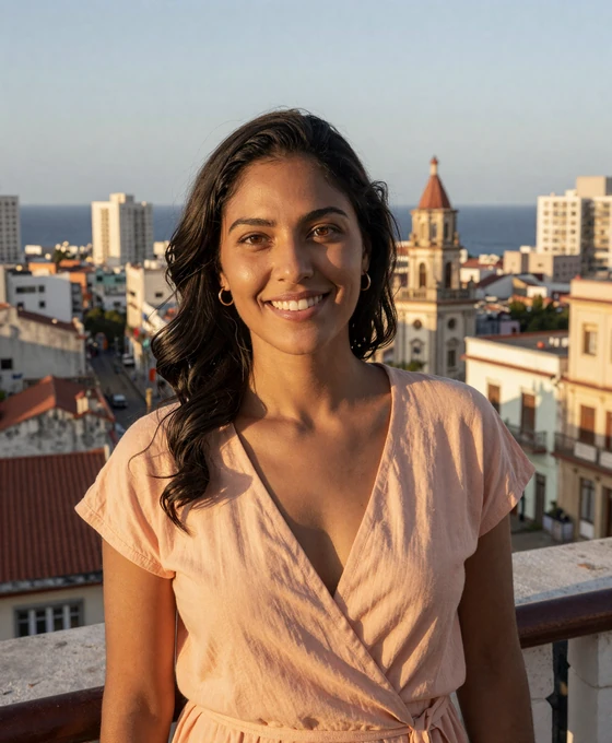 Cuban woman smiling on a balcony overlooking the Havana skyline at golden hour - what Cuban women look for in a partner
