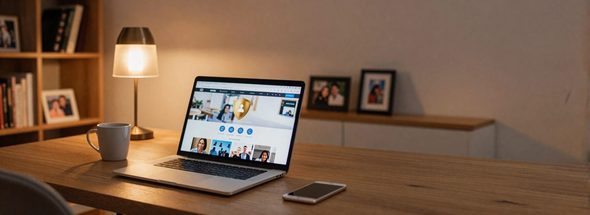 Secure home office setup with dating website showing verified profiles - online dating safety guide