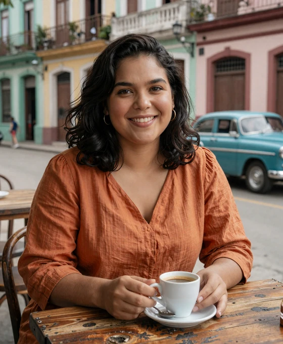 Cuban woman enjoying coffee at an outdoor Havana café with colonial architecture and vintage car - meet cuban singles