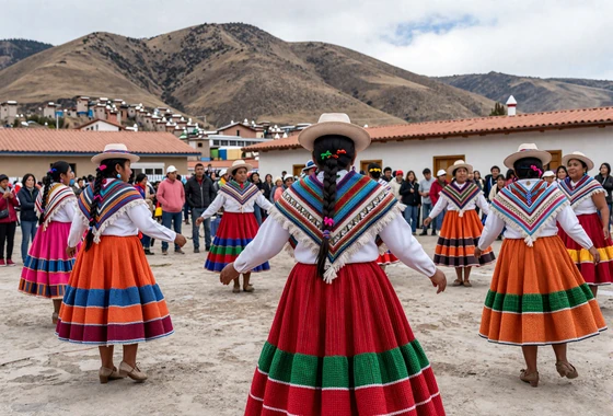 Bolivian women in traditional pollera skirts dancing at a vibrant community festival in La Paz, showcasing Bolivia's rich dating culture