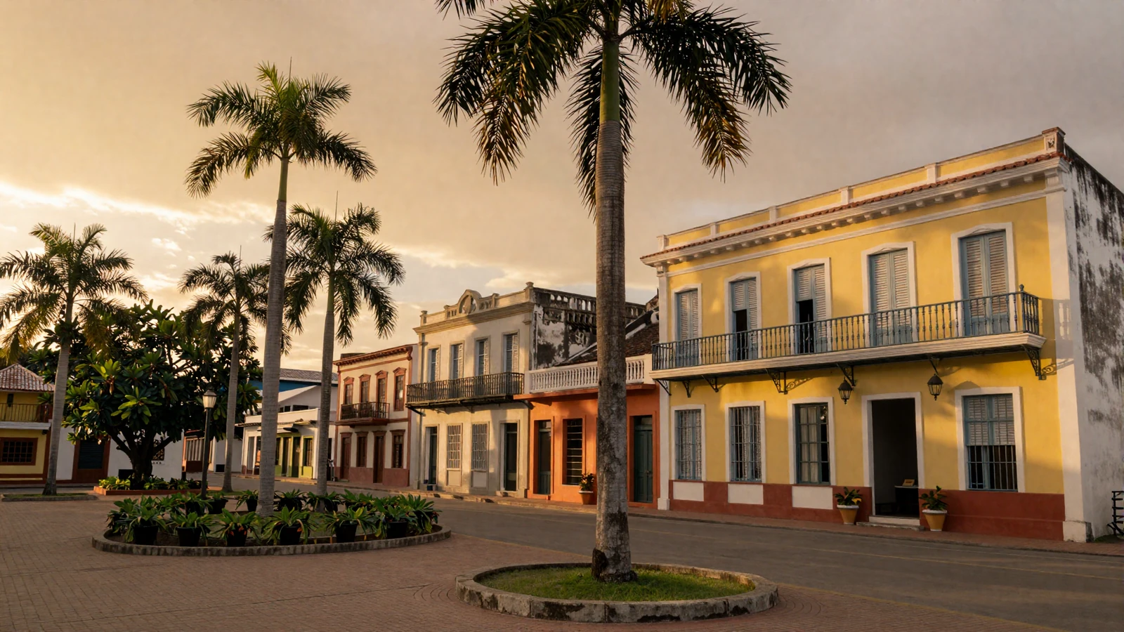 Scenic golden hour view of Cayenne French Guiana colonial center with French architecture and tropical palms