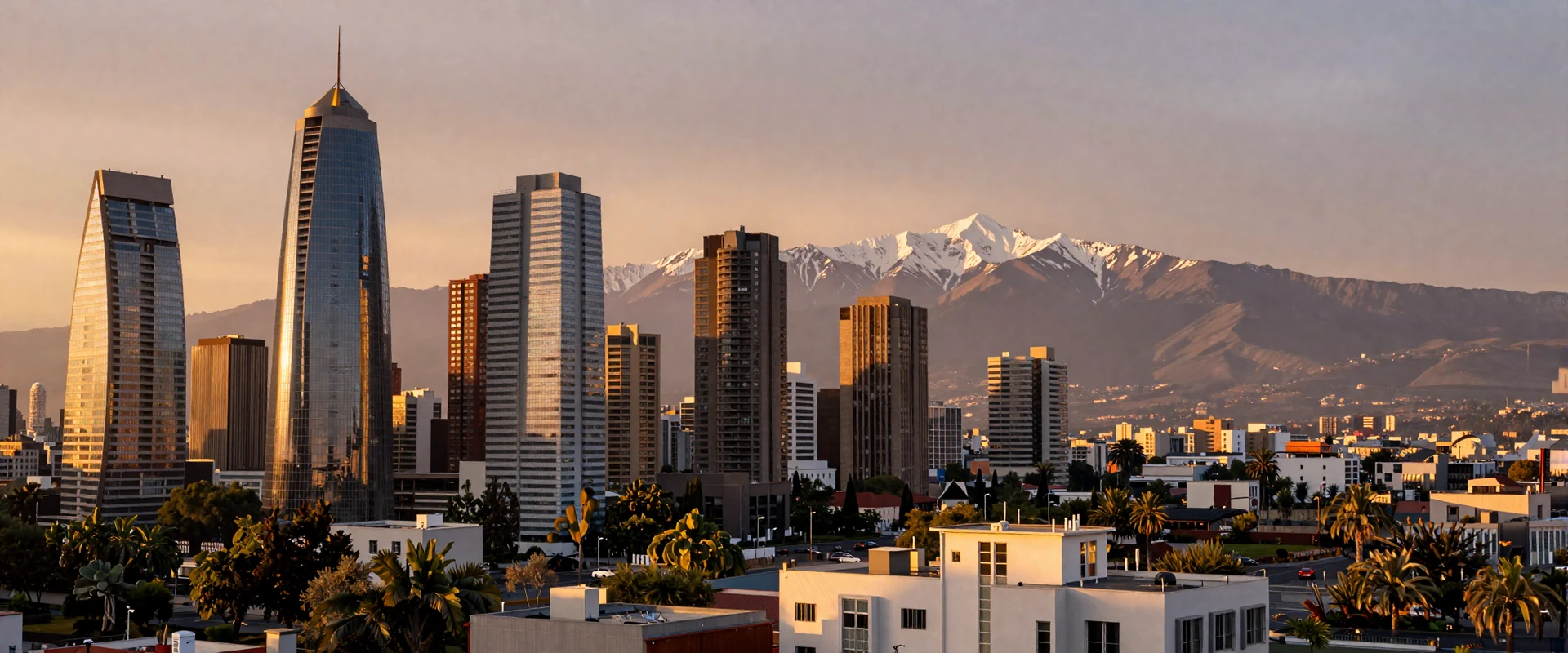 Golden hour sunset over Santiago Chile skyline with snow-capped Andes mountains, a romantic setting for Chilean women dating