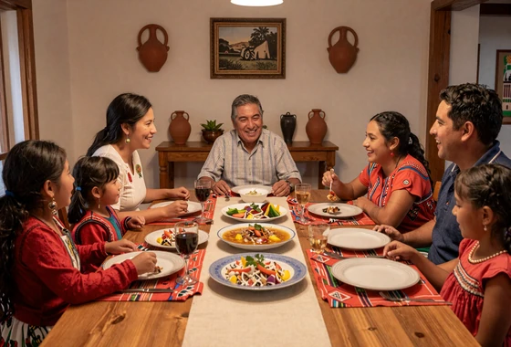 Peruvian family gathering sharing traditional ceviche and lomo saltado at a warm family dinner