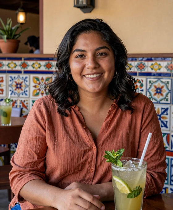 Mexican woman smiling at an outdoor restaurant with colorful Talavera tile decor - meet mexican singles