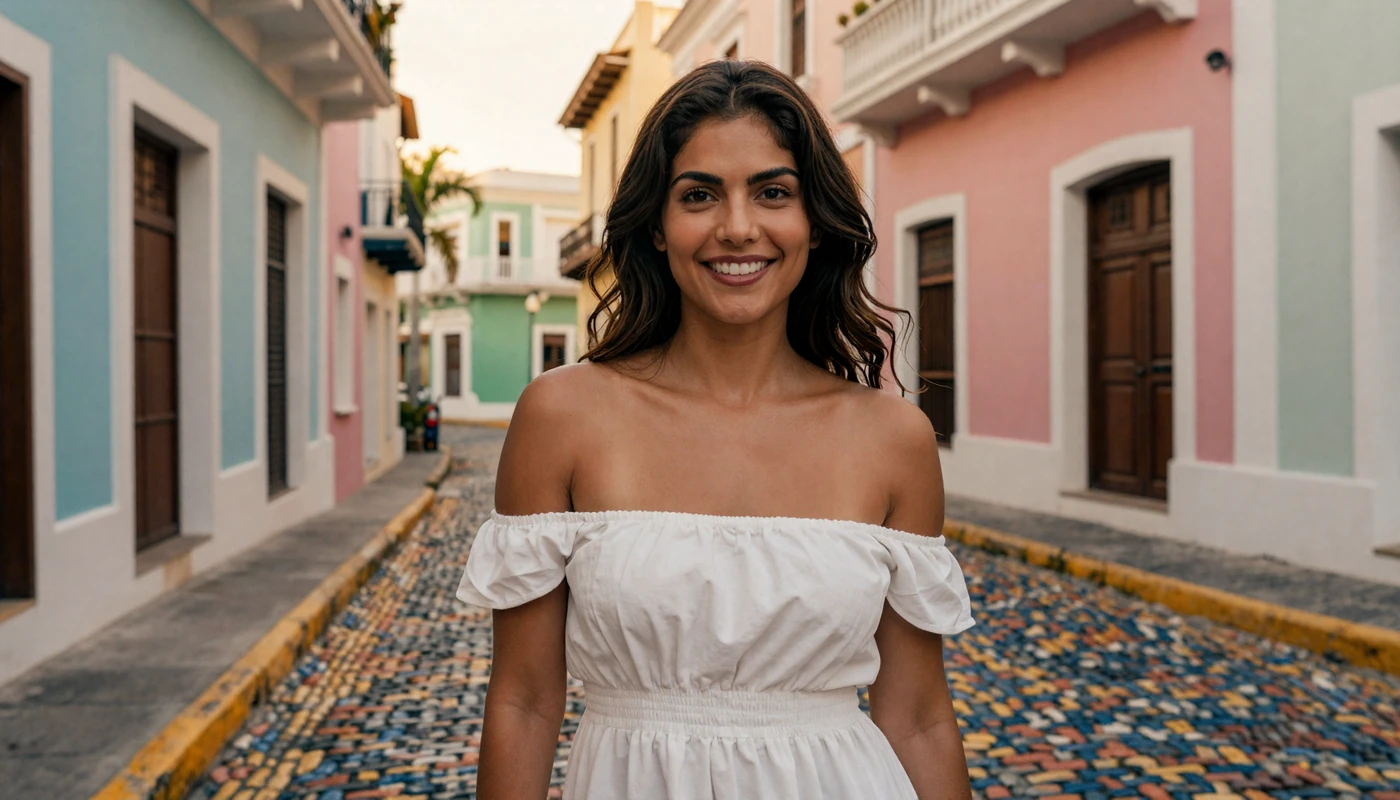 Beautiful Puerto Rican woman smiling on the colorful streets of Old San Juan