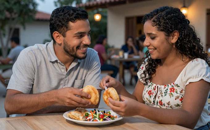 An American man and Salvadoran woman enjoying pupusas together at an outdoor restaurant in El Salvador
