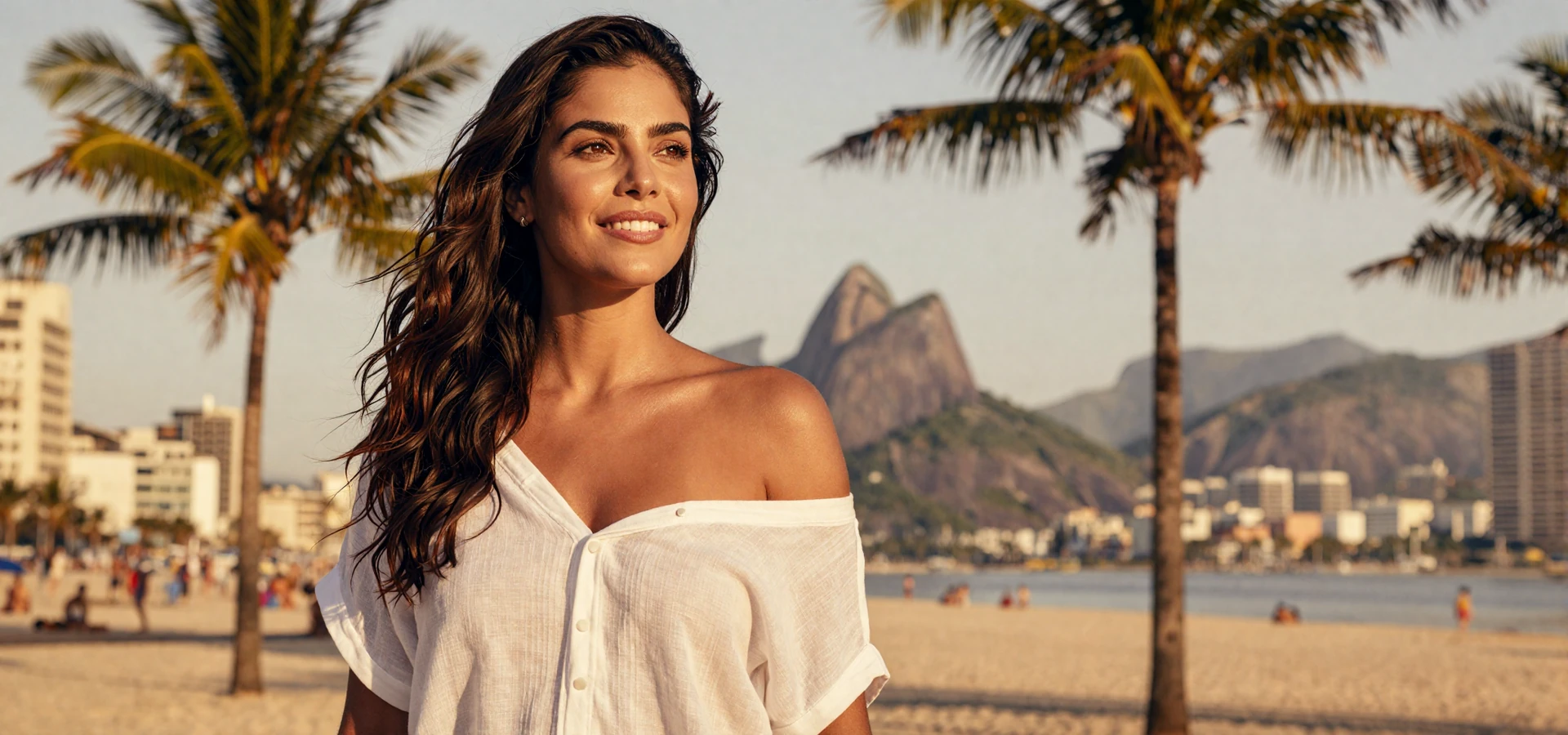 Beautiful Brazilian woman smiling on Copacabana Beach with Sugarloaf Mountain in background - brazilian women dating