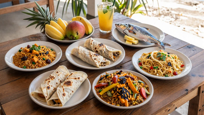 Traditional Trinidadian food spread including doubles roti and pelau showcasing the island culinary culture