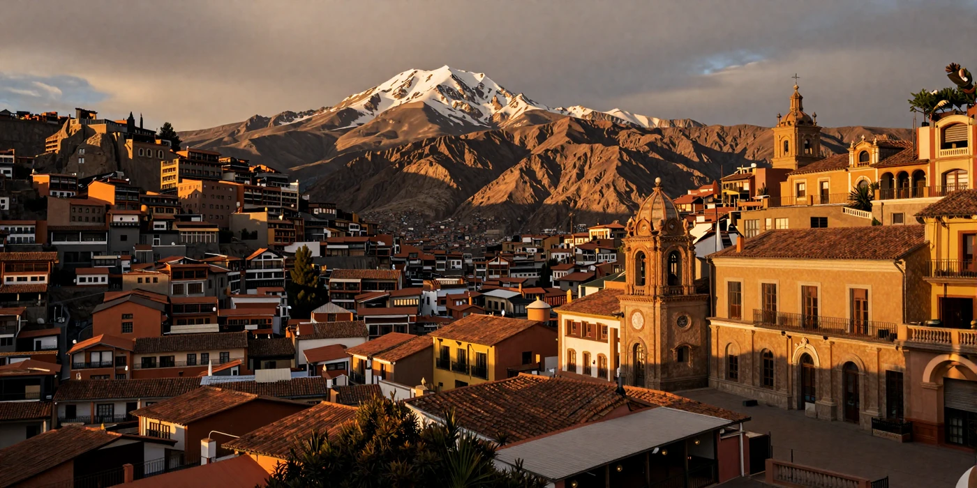 Stunning panoramic view of La Paz Bolivia at sunset with Illimani mountain, the perfect backdrop for Bolivian women dating