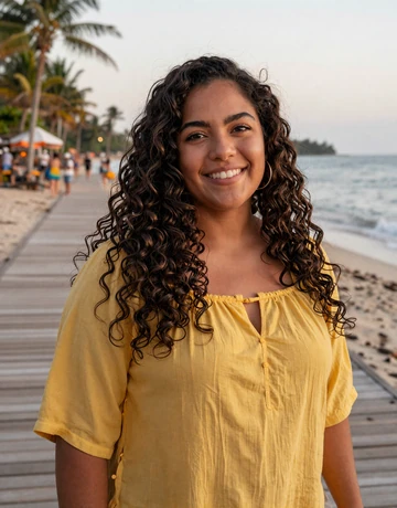 Gabriela, 28, joyful Tica woman from Puntarenas on a seaside boardwalk at sunset