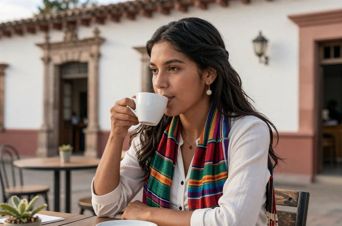 A Guatemalan woman enjoying coffee at an outdoor café in Antigua, reflecting the warm dating culture of Guatemala