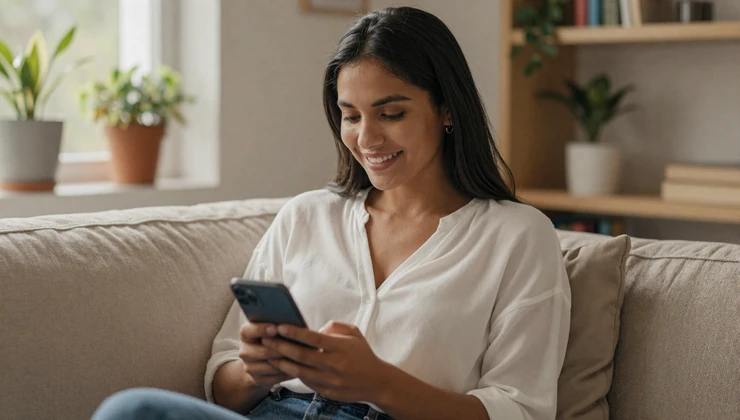 Latin woman smiling while texting her long-distance partner on her phone