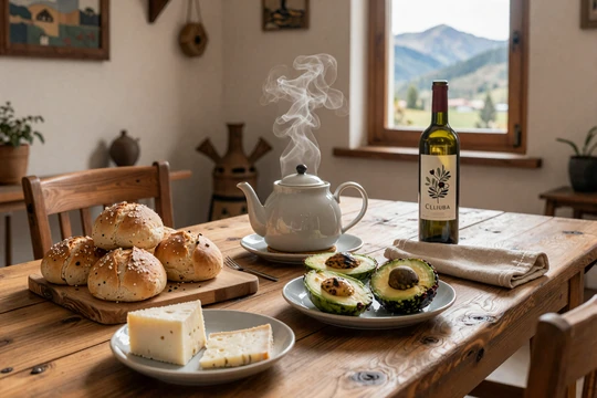 Traditional Chilean once tea time spread with fresh bread, avocado, and wine, representing the intimate family bonding ritual in Chilean dating culture