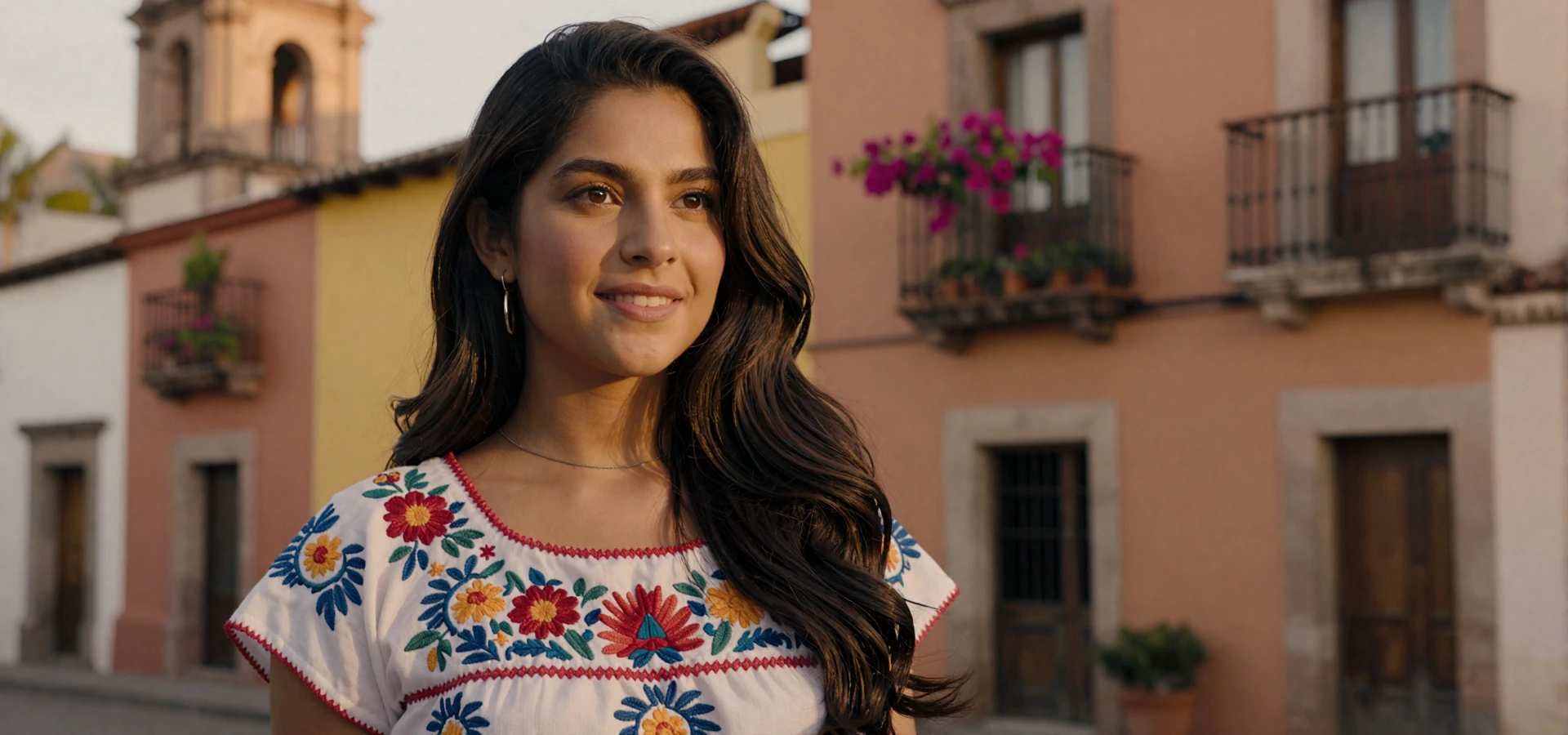 Beautiful Mexican woman in traditional embroidered blouse smiling in a colonial town - mexican women dating