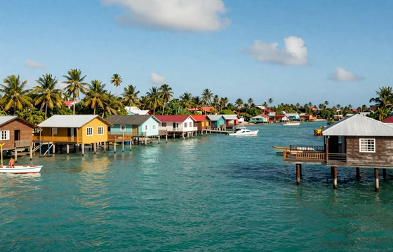 Bocas del Toro archipelago with colorful overwater houses, turquoise Caribbean water and palm trees