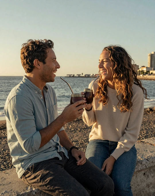 American man and Uruguayan woman sharing mate on the Montevideo Rambla at sunset, illustrating genuine cross-cultural Uruguayan dating connection