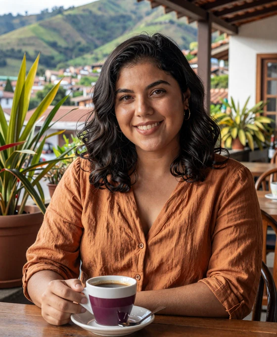 Colombian woman enjoying coffee at an outdoor café with Medellín hills in background - meet colombian singles