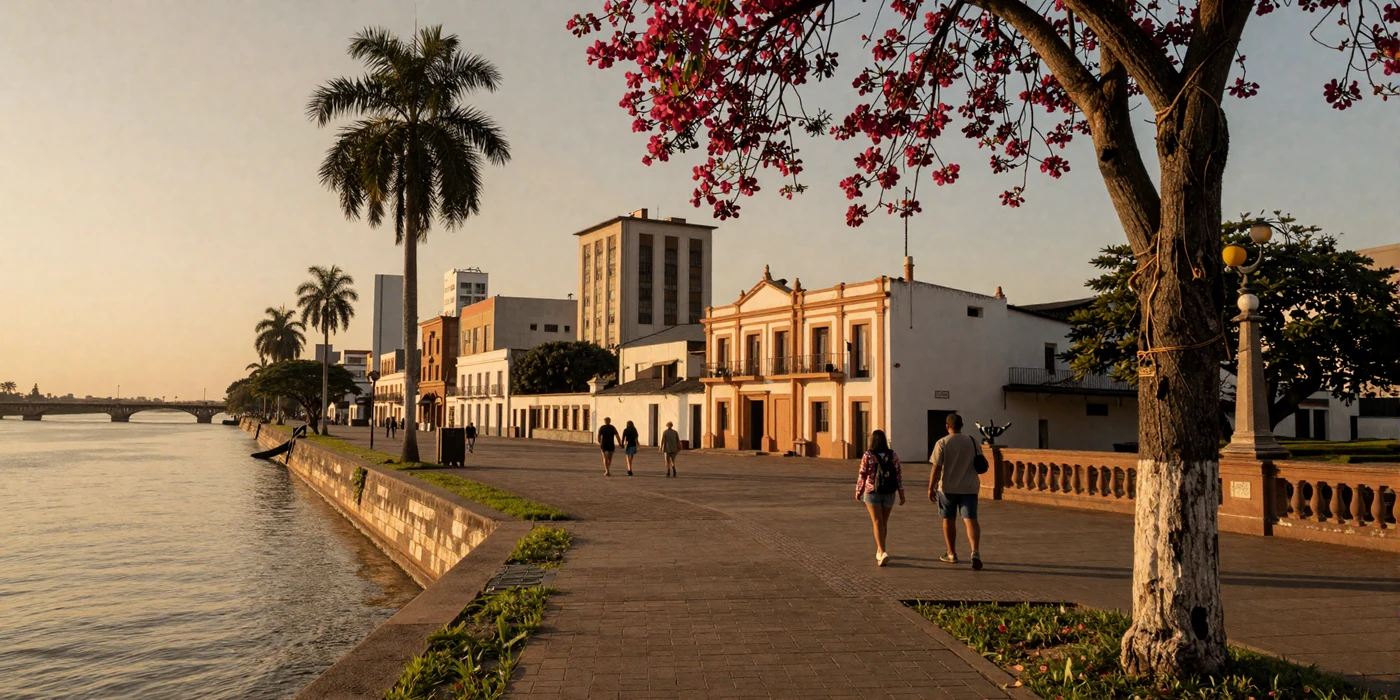 Golden hour sunset over the Asunción riverfront in Paraguay, a romantic setting for Paraguayan women dating
