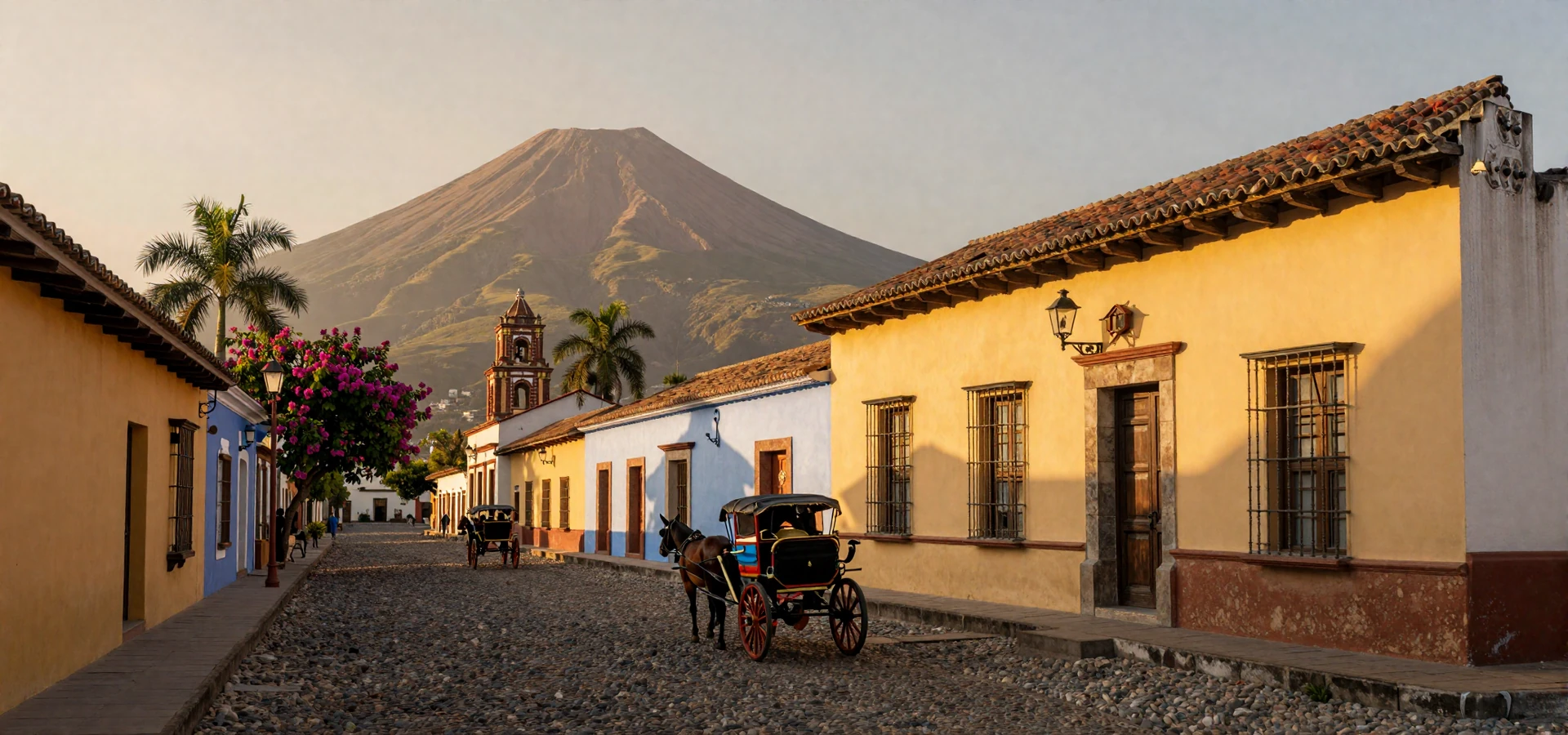 Colonial streets of Granada Nicaragua at golden hour with Mombacho volcano backdrop, romantic setting for Nicaraguan women dating