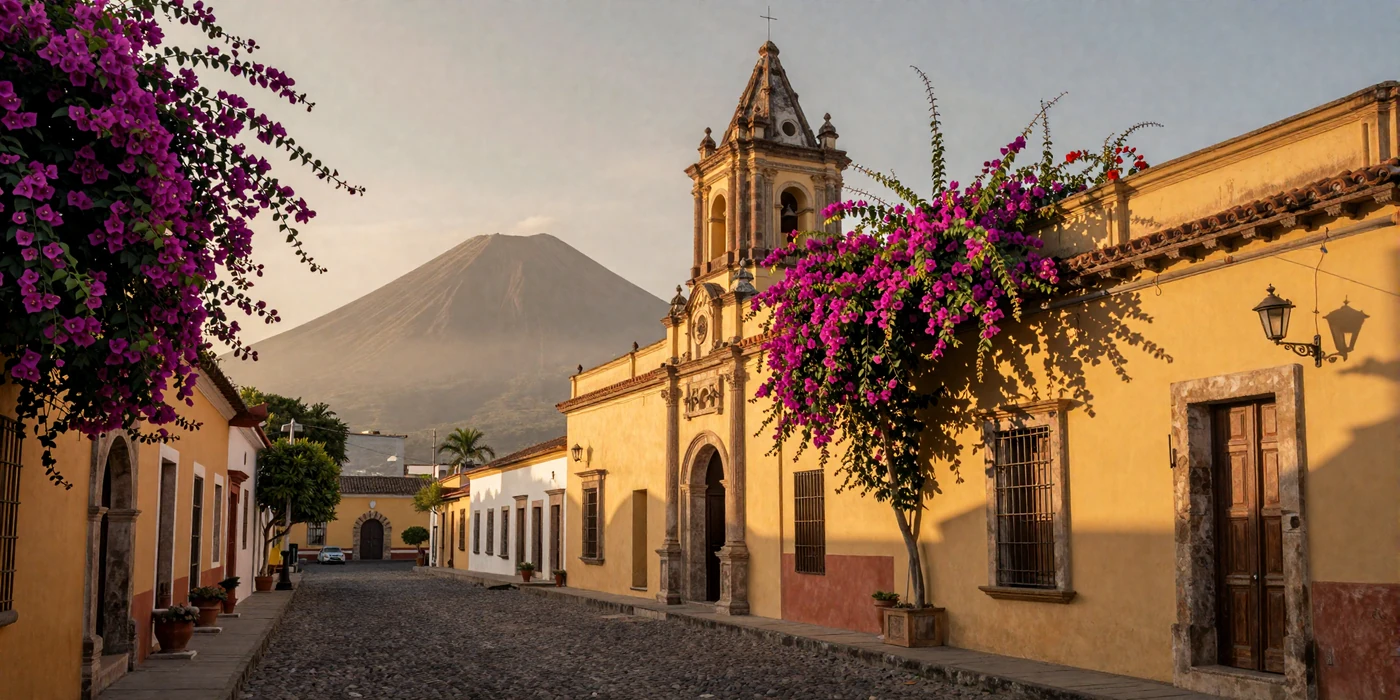 Beautiful colonial streets of Antigua Guatemala at sunset, the perfect setting for Guatemalan women dating
