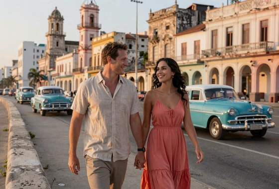American man and Cuban woman walking together along the Havana Malecón at sunset - Cuban dating culture