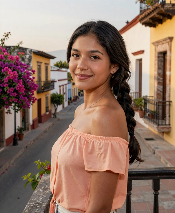 Mexican woman smiling on a sunlit balcony overlooking a colonial street - what Mexican women look for in a partner