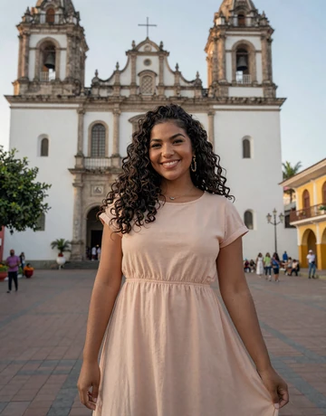 Keyla, 26, cheerful Panamanian single from Chitré standing in a sunny town plaza with colonial cathedral