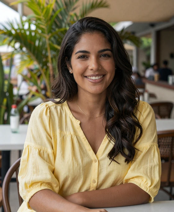 Venezuelan woman enjoying coffee at an outdoor cafe, radiating warmth and natural beauty