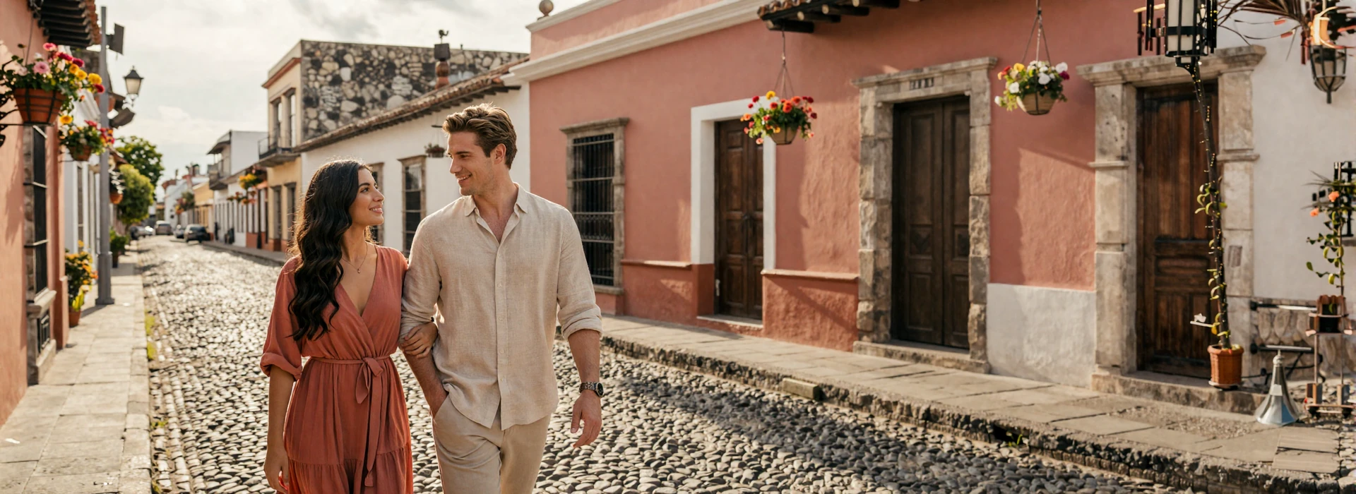 American man and Latina woman walking together through a colorful Latin American street - cultural differences in cross-cultural dating