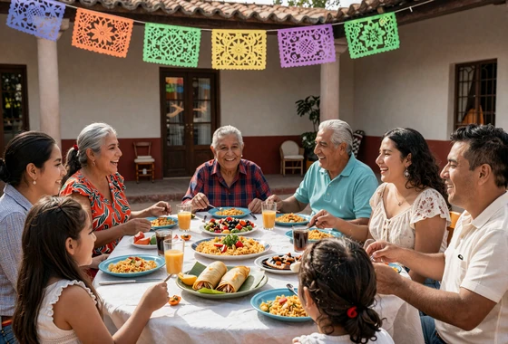 Mexican family gathering around a table sharing a traditional meal - family values in Mexican dating culture