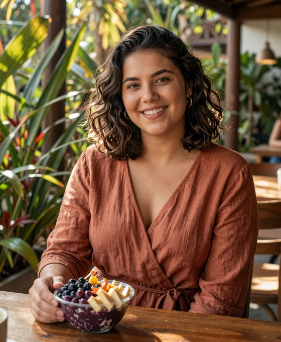 Brazilian woman enjoying açaí at an outdoor café surrounded by tropical plants - meet brazilian singles