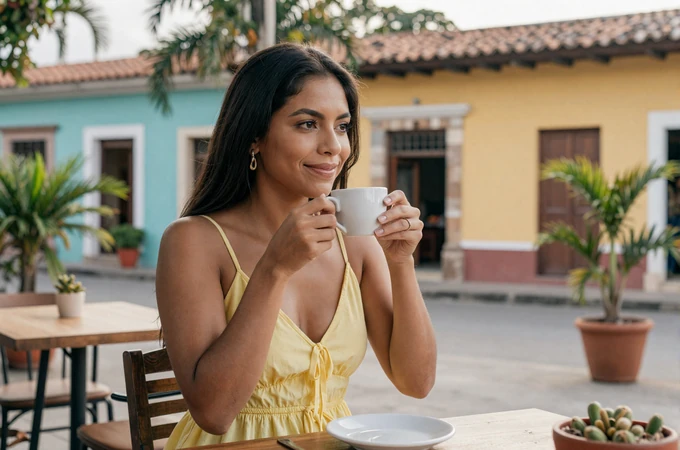 A Nicaraguan woman enjoying coffee at a colonial café in Granada, reflecting the warm and approachable nature of Nicaraguan singles
