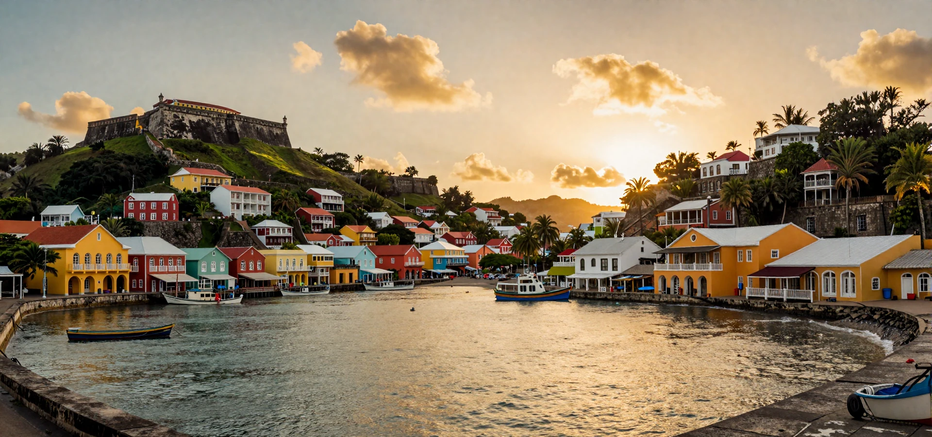 Scenic golden hour view of St. George's Grenada horseshoe harbor with colorful hillside buildings and Caribbean Sea