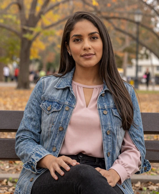 Venezuelan woman sitting in a park, representing what Venezuelan singles look for in American partners