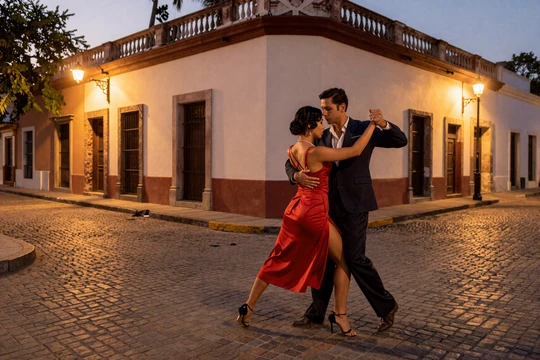Couple dancing tango on a Buenos Aires street at golden hour, representing the passionate Argentine dating culture