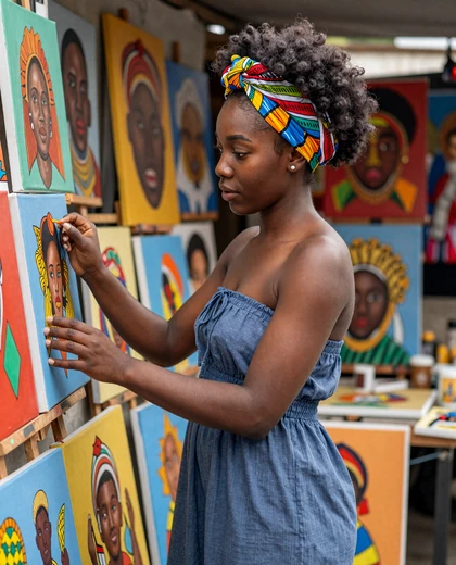 Haitian woman browsing vibrant art at outdoor market in Port-au-Prince