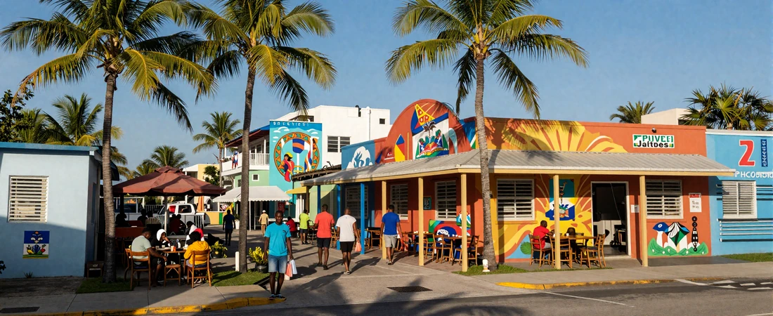 Colorful street scene in Little Haiti Miami with vibrant Haitian art murals and Caribbean restaurants