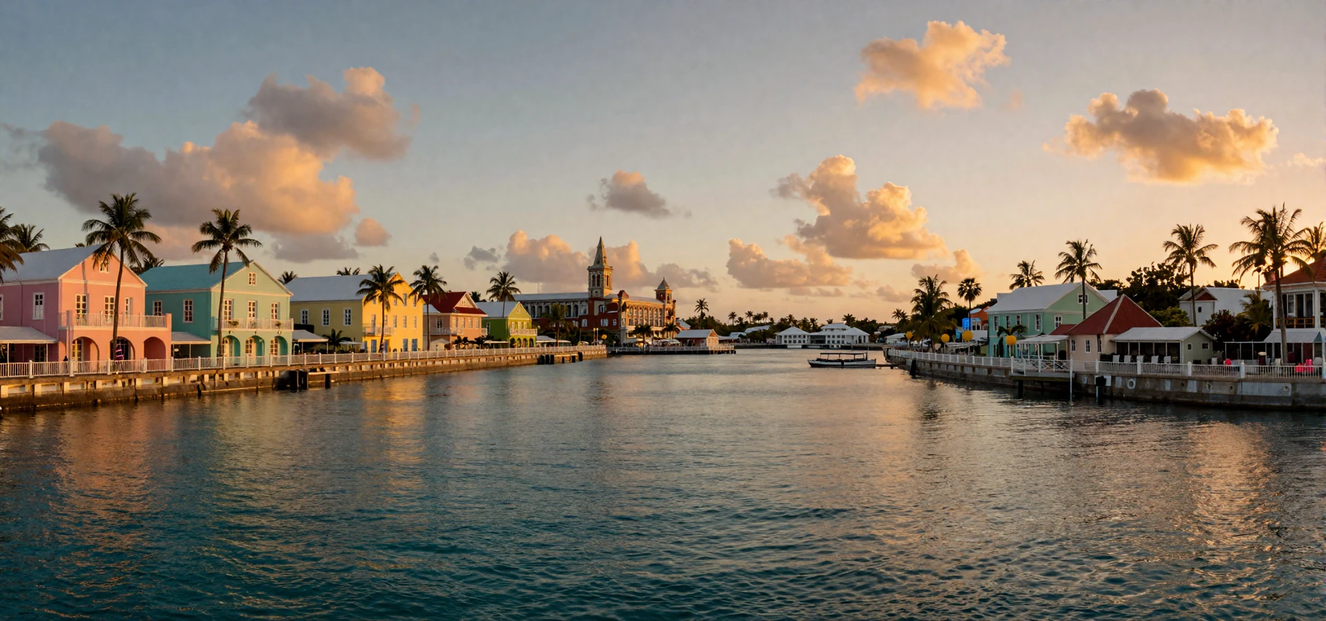 Scenic golden hour view of Bridgetown Barbados Careenage waterfront with colonial architecture and Caribbean Sea