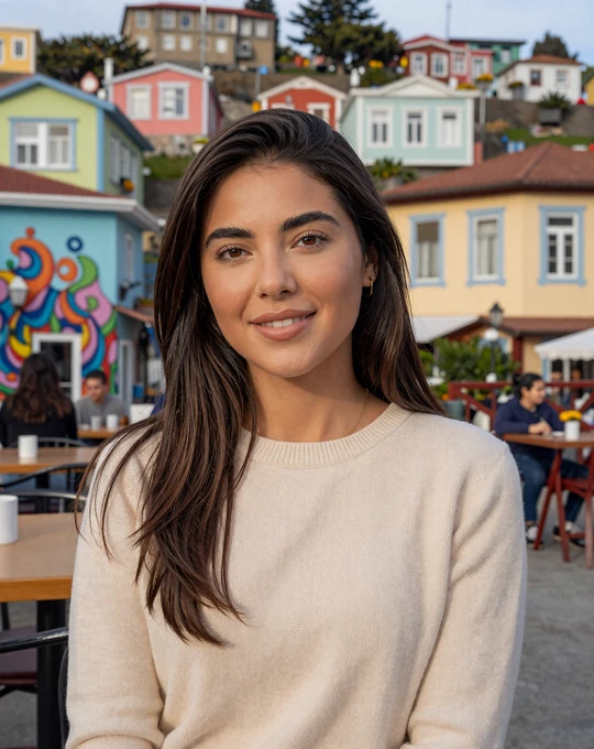 Elegant Chilean woman enjoying afternoon coffee at an outdoor cafe in Valparaíso with colorful street art, representing Chilean singles dating culture