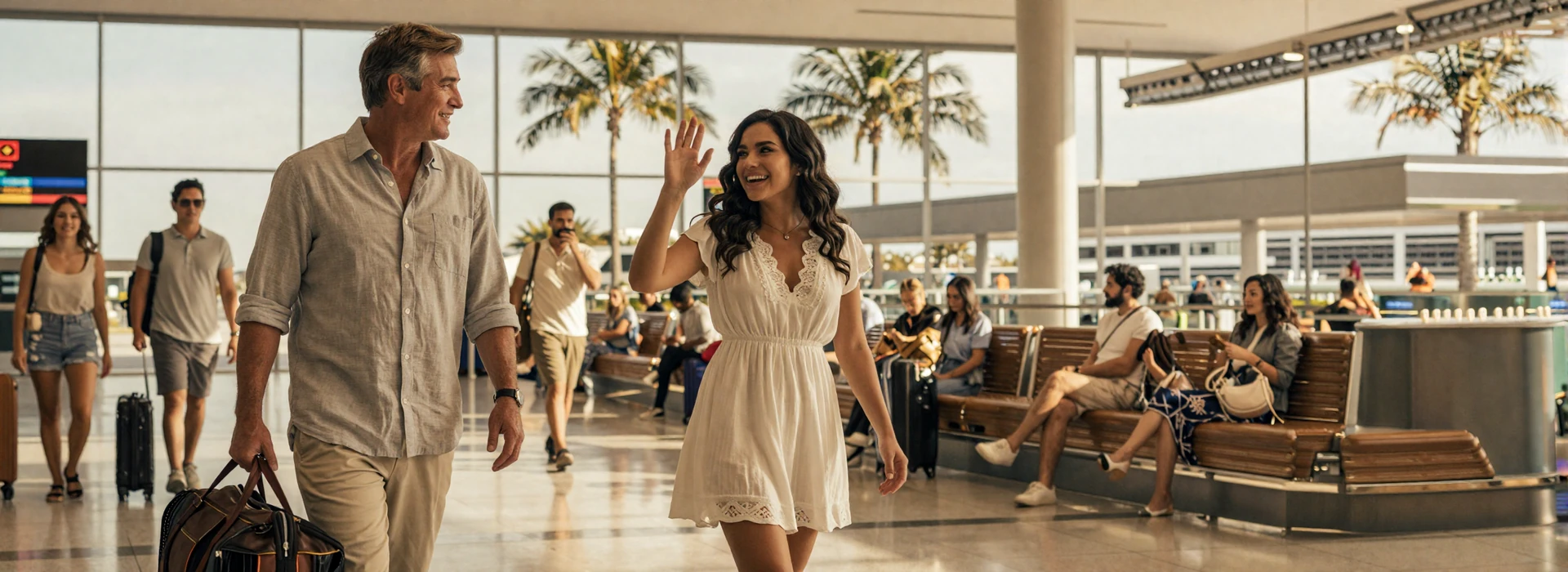 American man arriving in Latin America to meet his Latina girlfriend for the first time - international dating trip planning