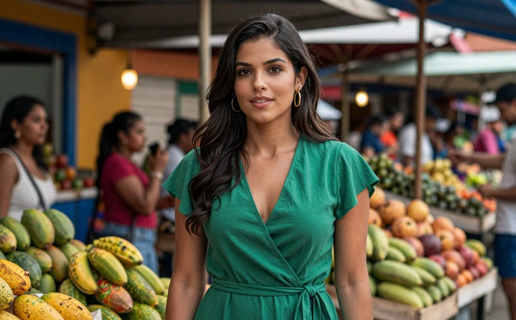 Stylish Venezuelan woman walking through a colorful street market, showcasing everyday Venezuelan elegance