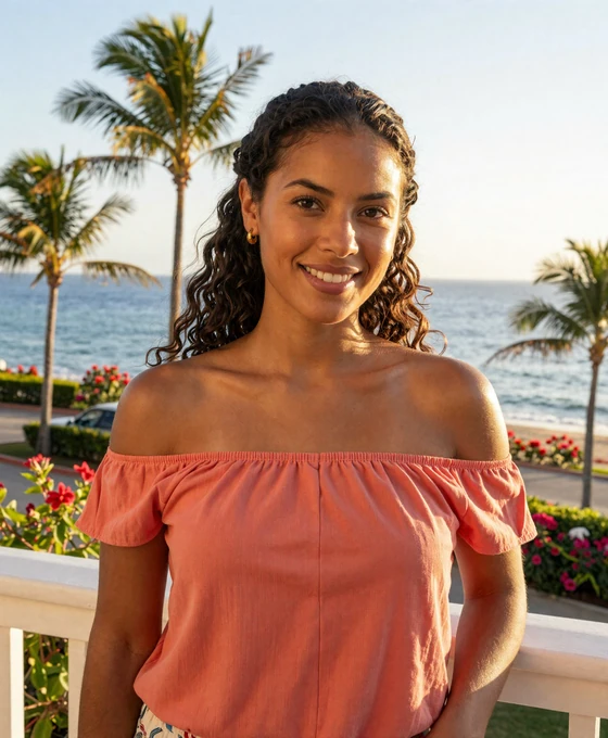 Dominican woman smiling on a sunlit balcony overlooking the Caribbean Sea - what Dominican women look for in a partner