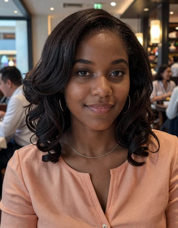 Daphney, 27, Haitian single from Pétionville in peach top at upscale restaurant